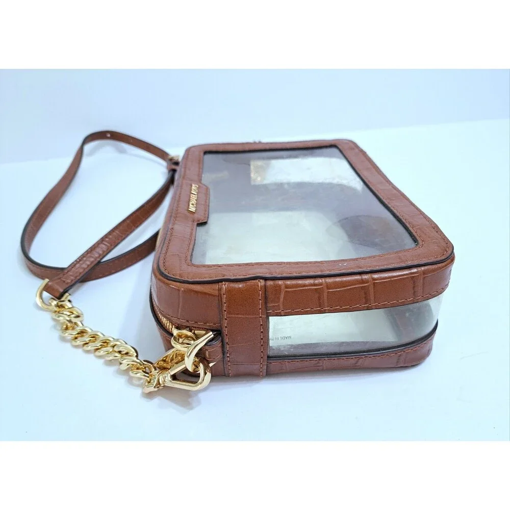 Michael Kors Clear Crossbody Bag Zip Gold Chain Brown Leather Stadium Ginny Jet